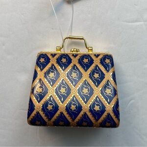 Vintage Ceramic Blue-Gold-White Bag Style Purse Trinket Box Collectible